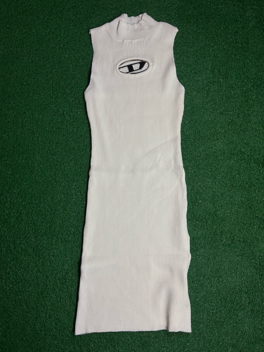 White Sleeveless Ribbed Midi Dress with Logo Patch